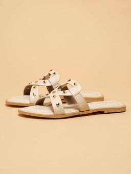 ERIDANI - Women Off White Studded Strap Slip-On Flats