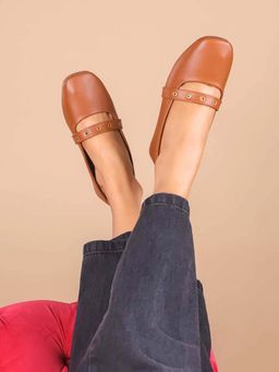 The Madras Trunk - Women Tan Mary Janes Ballerinas