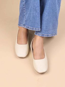 The Madras Trunk - Women Off White Textured Mary Janes Ballerinas