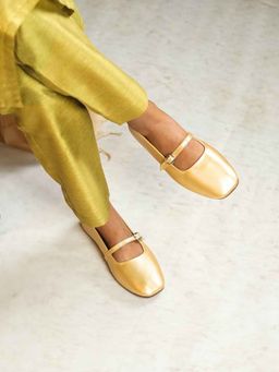 The Madras Trunk - Women Light Gold Mary Janes Ballerinas