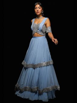 Jade by Ashima - Blue Women Silk Solid Crop Top with Skirt