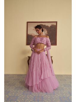 Jade by Ashima - Lavender Women Organza Embroidered Blouse with Lehenga