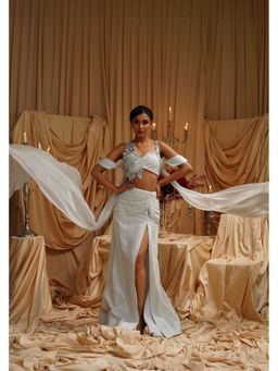 Jade by Ashima - White Women Organza Embroidered Blouse with Skirt