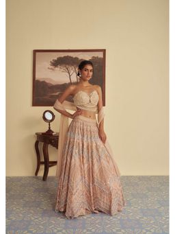 Jade by Ashima - Beige Evelina Pearl Organza Embellished Blouse with Lehenga