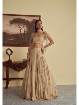 Jade by Ashima - Beige Women Organza Embroidered Bustier with Lehenga