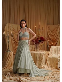 Jade by Ashima - Green Cosimo Organza Embroidered Blouse with Lehenga