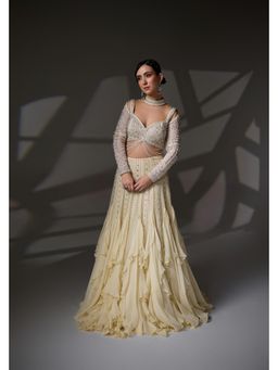 Jade by Ashima - Beige Beatrice Satin Embroidered Blouse with Lehenga