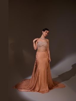 Jade by Ashima - Orange Qulara Drape Satin Embellished Blouse with Skirt