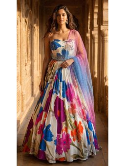 Basanti Kapde aur Koffee - Ivory Crepe Embroidered Lehenga with Corset and Dupatta