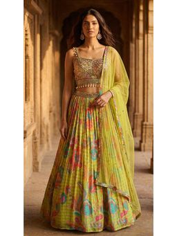 Basanti Kapde aur Koffee - Lime Crepe Embroidered Green Lehenga with Blouse and Dupatta