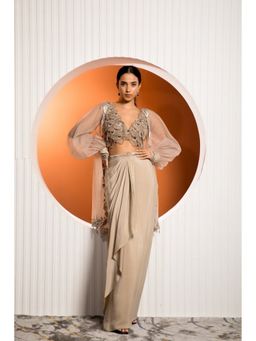 Jade by Ashima - Beige Pansies Crepe Floral Blouse with Skirt and Shrug