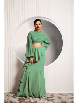 Jade by Ashima - Green Women Crepe Embroidered Blouse with Skirt
