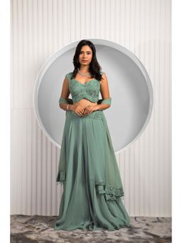 Jade by Ashima - Green Women Georgette Solid Blouse with Skirt and Dupatta