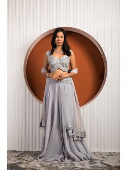 Jade by Ashima - Grey Women Georgette Embroidered Blouse with Skirt and Dupatta