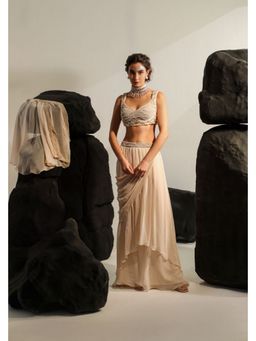 Jade by Ashima - Peach Women Georgette Embellished Skirt with Blouse and Cape