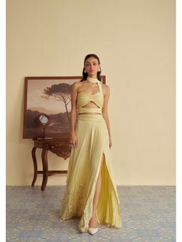 Jade by Ashima - Yellow Women Crepe Solid Blouse with Skirt