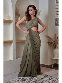 Jade by Ashima - One Shoulder Anchot Thread Khaki Ombre Saree Gown