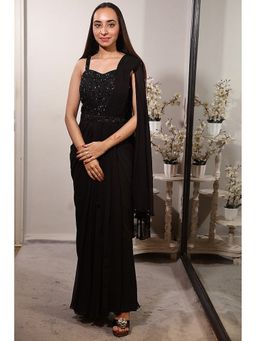Jade by Ashima - Black Georgette and Silk Dupion Draped Gown