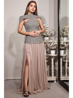 Jade by Ashima - Beige Women Georgette Solid Skirt with Top and Cape