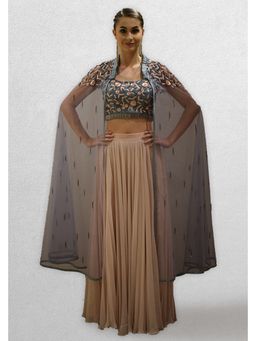 Jade by Ashima - Grey Women Georgette Embroidered Crop Top with Skirt and Cape