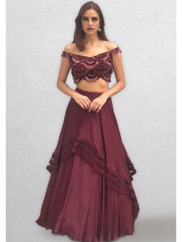 Jade by Ashima - Wine Women Satin Embellished Top with Skirt