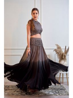 Jade by Ashima - Grey Women Georgette Solid Top with Skirt