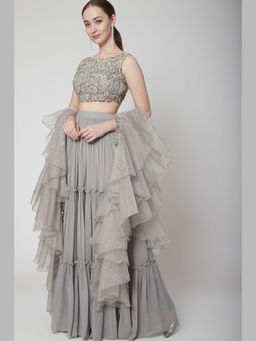 Jade by Ashima - Grey Women Georgette Embellished Top with Skirt and Dupatta