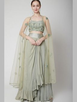 Jade by Ashima - Green Women Georgette Embroidered Blouse with Lehenga and Dupatta