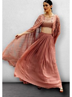 Jade by Ashima - Pink Women Georgette Solid Blouse with Skirt and Cape