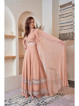 Jade by Ashima - Peach Women Georgette Embellished Lehenga with Choli