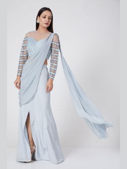 Jade by Ashima - Blue Women Georgette Solid Blouse with Skirt
