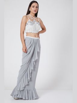 Jade by Ashima - Grey Women Georgette Embroidered Top with Skirt
