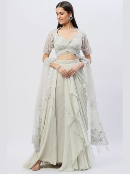 Jade by Ashima - Silver Women Silk Embroidered Blouse with Lehenga and Dupatta