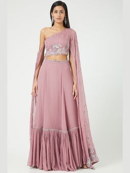Jade by Ashima - Pink Women Georgette Solid Blouse with Skirt