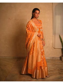 Myoho - Floral Orange Top with Lehenga and Dupatta