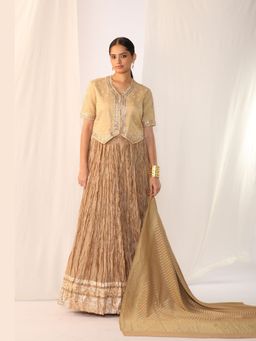 Myoho - Beige Waistcoat Top with Lehenga and Dupatta