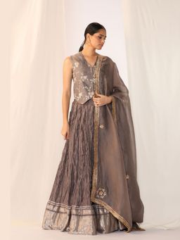 Myoho - Grey Waistcoat Top with Lehenga and Dupatta