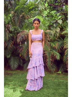 Jade by Ashima - Purple Women Organza Printed Blouse with Skirt