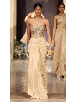 Basanti Kapde aur Koffee - Silk Embroidered Draped Gold Skirt with Blouse