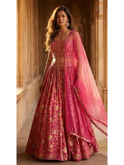Basanti Kapde aur Koffee - Pink Chinon Embroidered Lehenga with Blouse and Dupatta