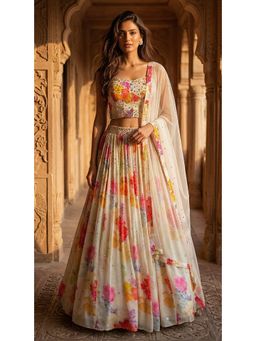 Basanti Kapde aur Koffee - Ivory Georgette Embroidered Lehenga with Blouse and Dupatta