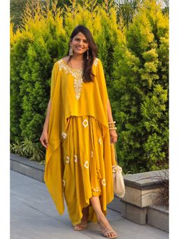 Pink Tree - Yellow Embroidered Crepe Cape with Skirt