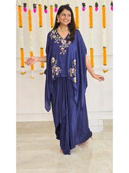 Pink Tree - Navy Blue Gulmohar Embroidered Silk Cape with Skirt