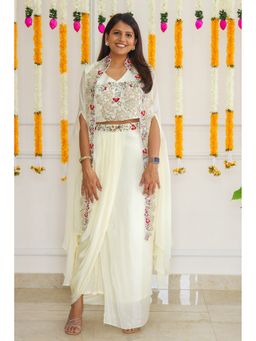 Pink Tree - Off White Embroidered Crepe Crop Top with Skirt and Cape