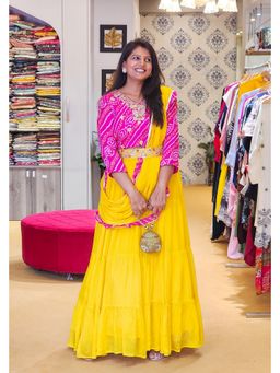 Pink Tree - Yellow Bandhani Georgette Blouse with Lehenga and Dupatta