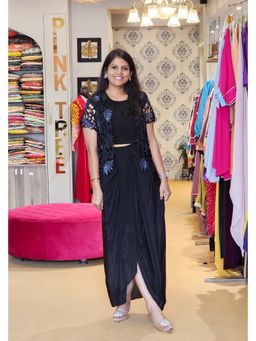 Pink Tree - Black Embroidered Crepe Top with Skirt and Jacket