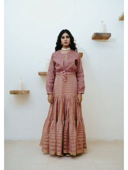 WABI SABI by Anshum-Ritesh - Mauve Chanderi Stripes with Embroidered Maxi Dress with Jacket