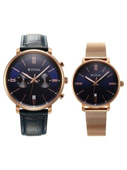 Titan - Bandhan Quartz Analog with Date Blue Leather & Stainless Steel Strap for Couple (M)