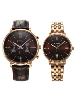Titan - Bandhan Quartz Analog with Date Brown Leather & Stainless Steel Strap for Couple (M)