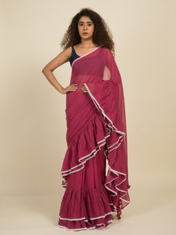 Suta - Pink Pure Cotton Ruffle Saree with Lace